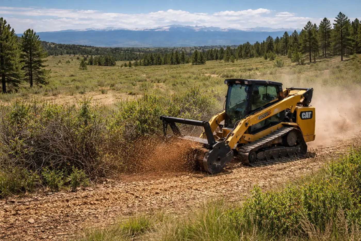 Dense gambel oak and brush being cleared back from an open Colorado hillside