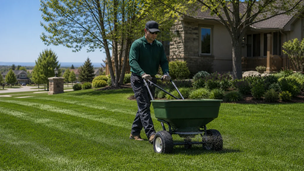 Lawn care technician applying granular fertilizer with a broadcast spreader on a Centennial lawn