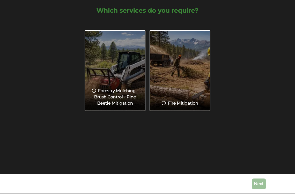 Outdoor Legacy pricing estimator service selection screen
