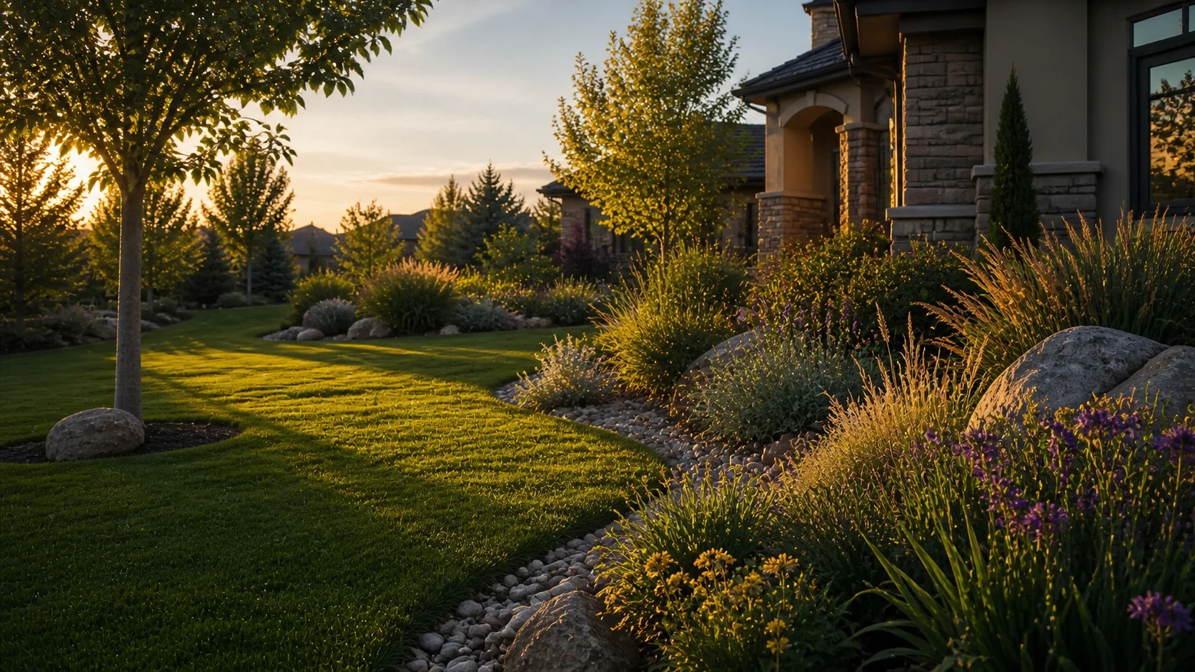 Premium irrigated lawn and native planting beds at a Centennial, Colorado home