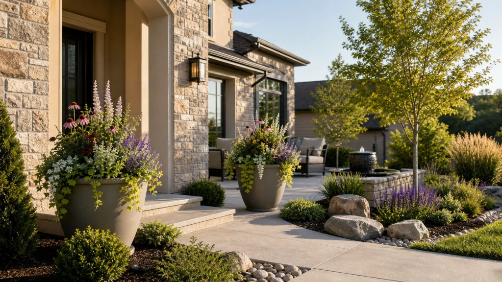 Custom seasonal flower pots, planted beds, Colorado stone, and a small water feature at a Centennial home