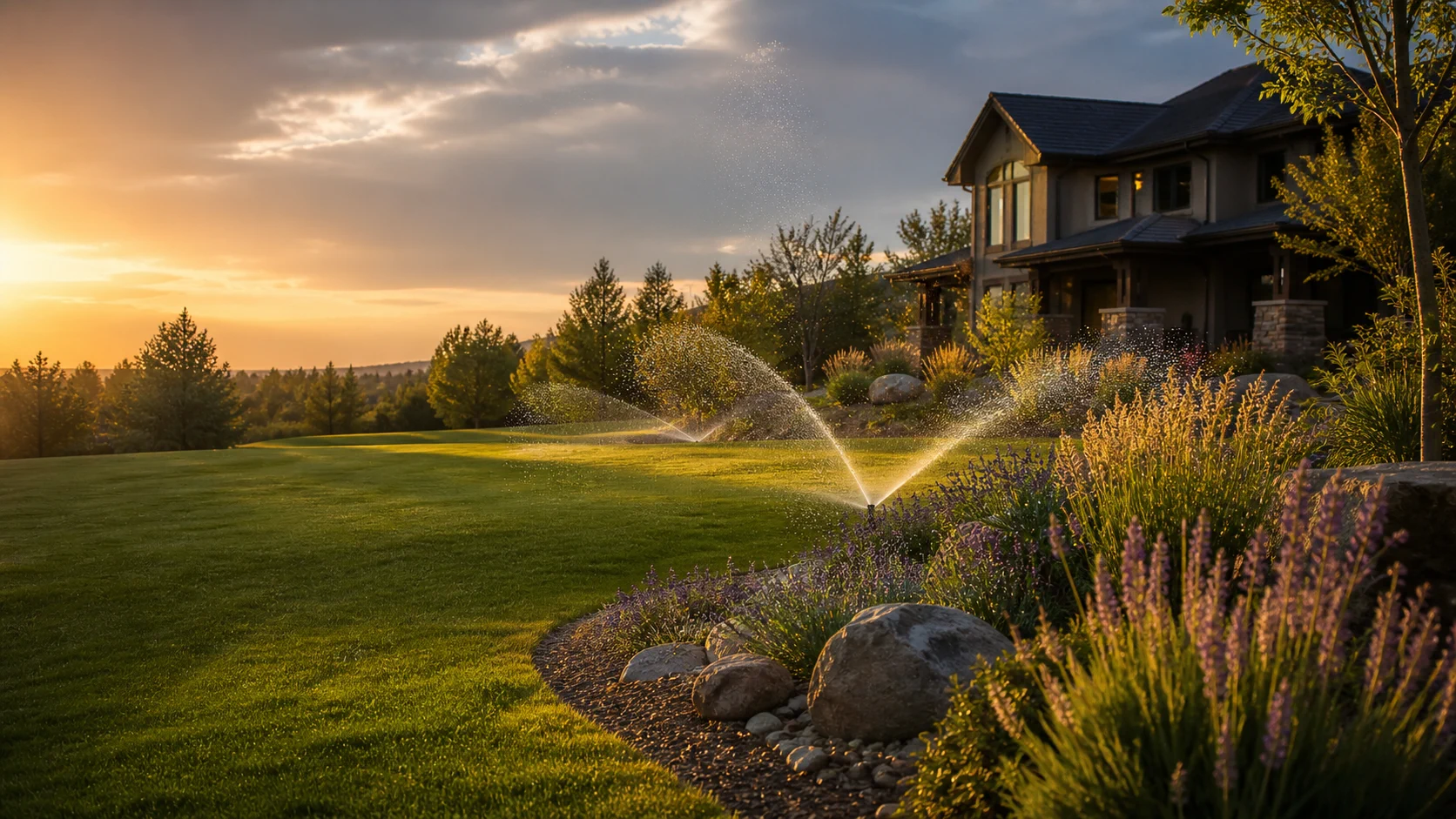 Irrigated lawn and landscaped beds at a Centennial, Colorado home