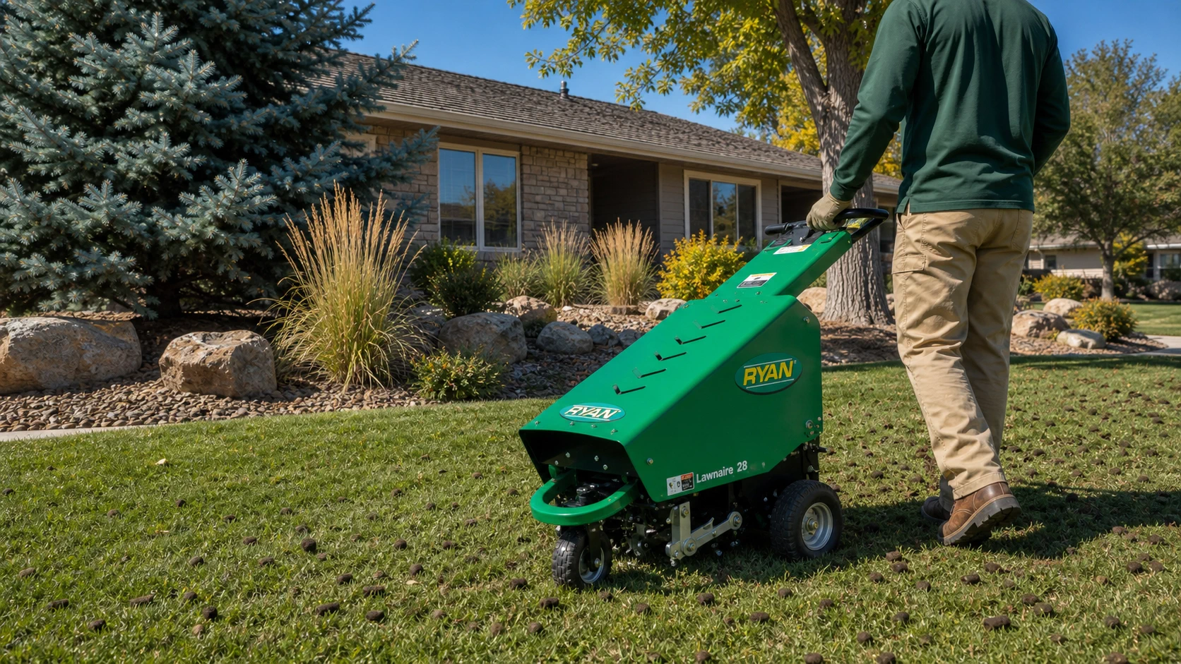 Operator using a core aerator with fresh soil plugs visible across the lawn