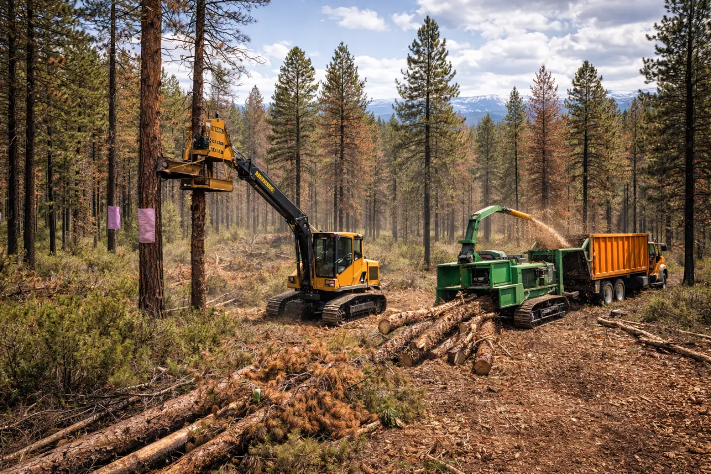 Stand of beetle-killed pines with red and gray needles among healthy green timber