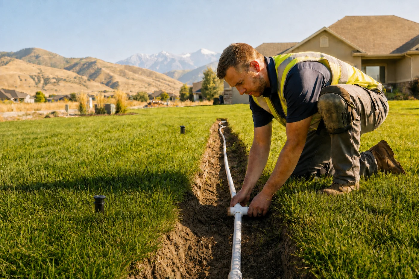 Technician installing white PVC lateral pipe inside a lawn trench beside black pop-up spray heads set in the grass