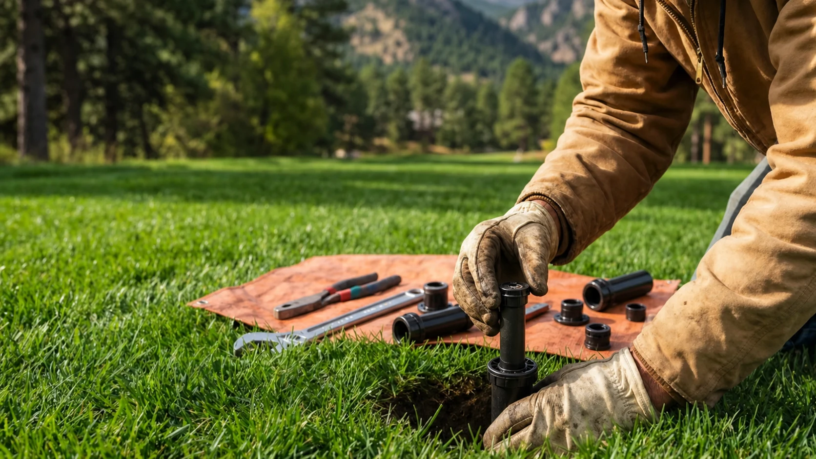 Technician repairing a black pop-up spray head beside an open irrigation valve box