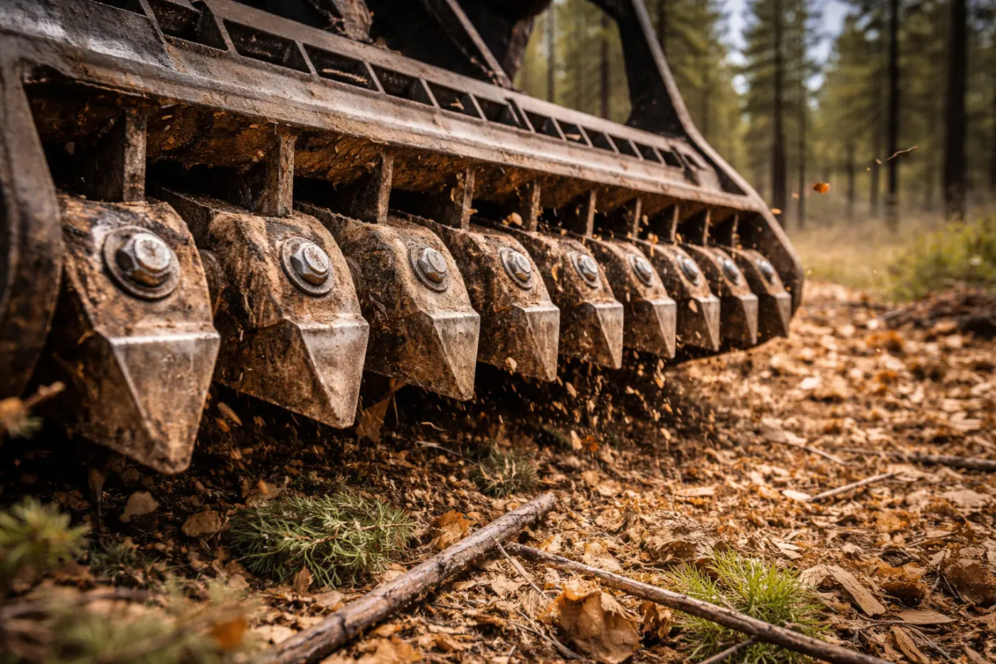 Mulching head grinding brush and small timber down to chips at close range